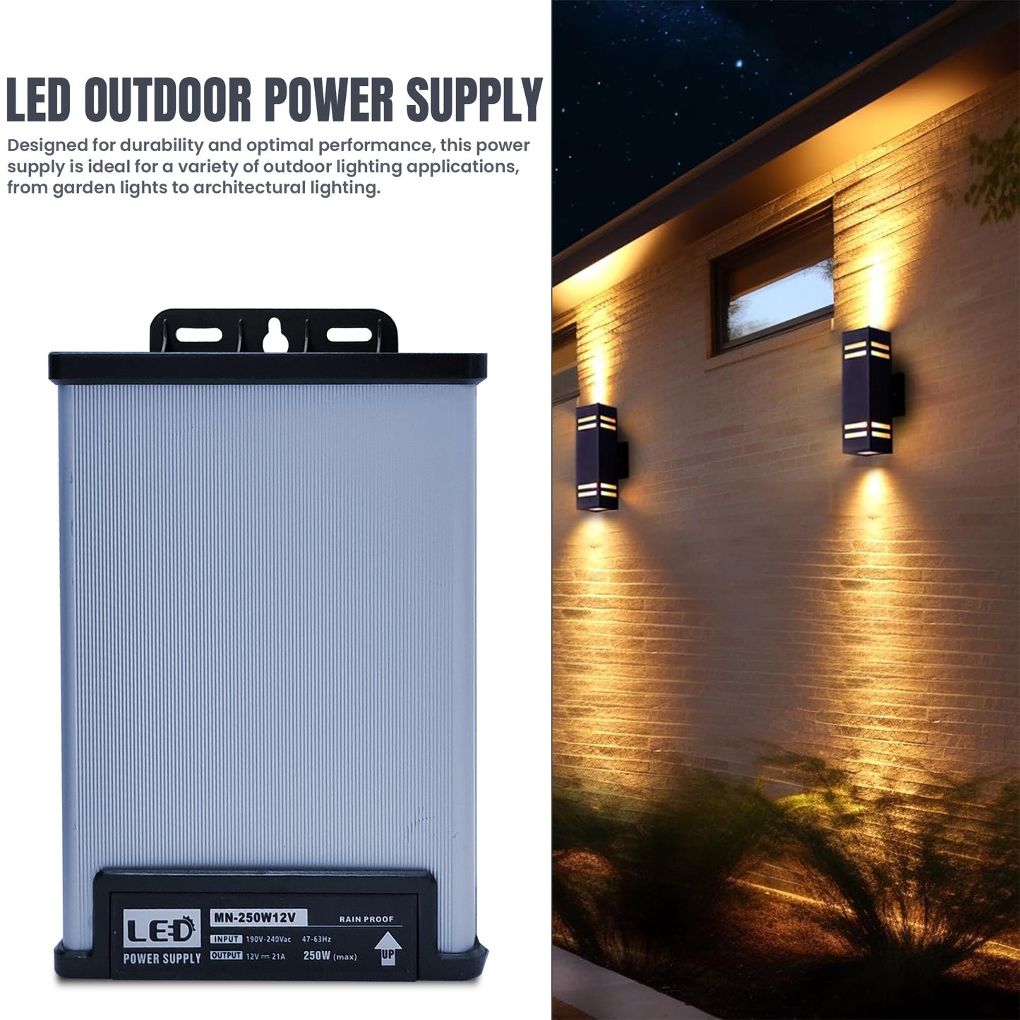 LED outdoor power supply with packaging and installation on a wall.