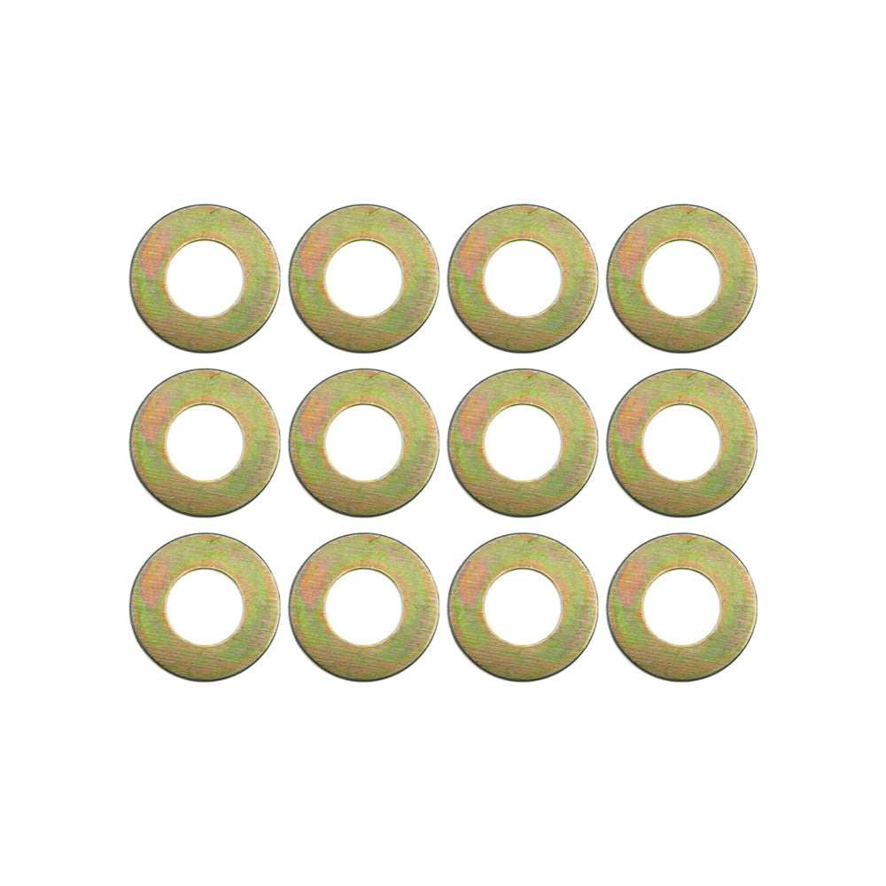 Ten flat circular metal washers arranged in a 3-by-4 grid on a plain white background. Best automotive parts and accessory online shop. Axis-Dynamics.