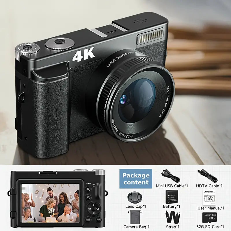 Digital camera with 4K label on a wooden surface, showing package content below.