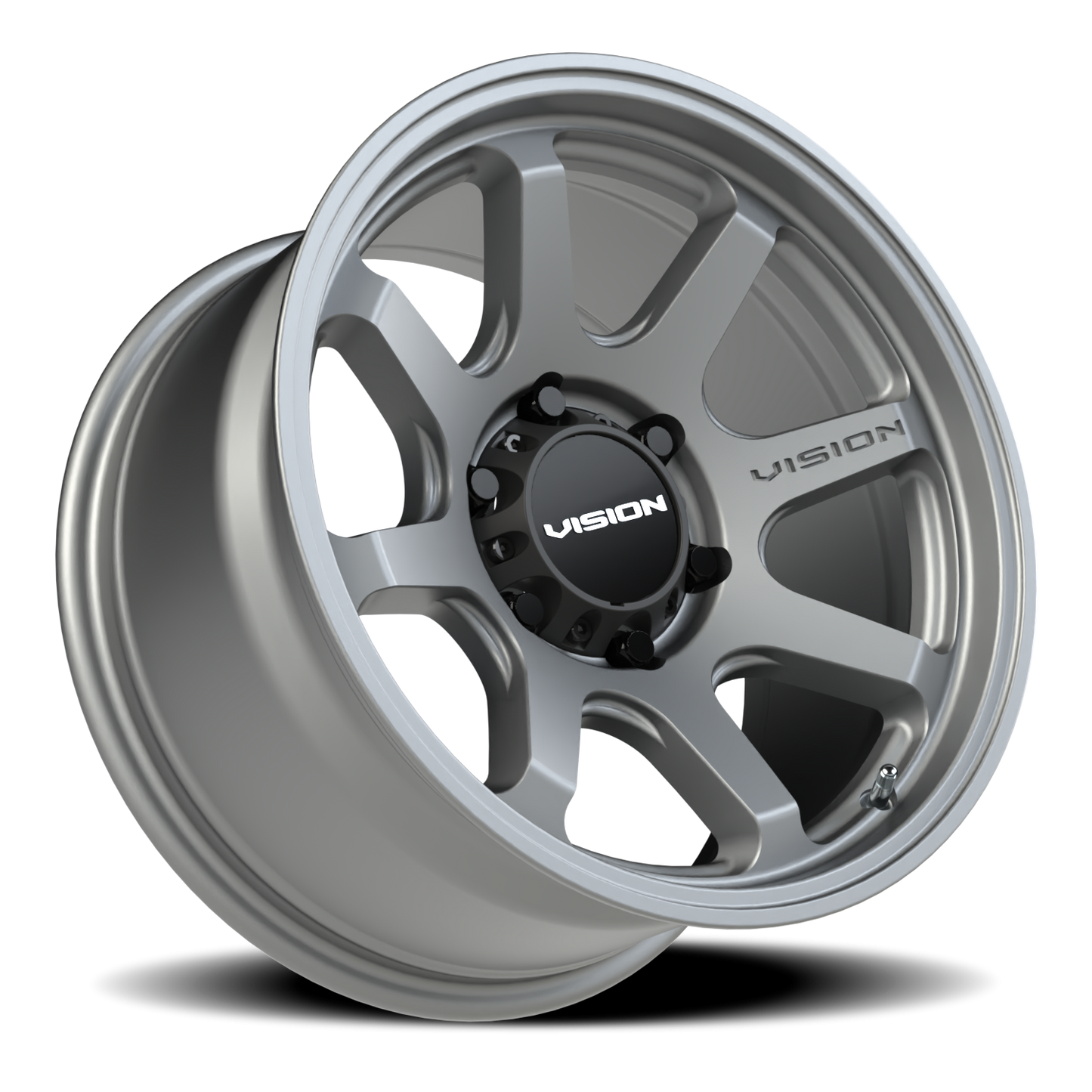 Silver alloy wheel with 'Vision' branding on a white background. Best automotive parts and accessory online shop. Axis-Dynamics.