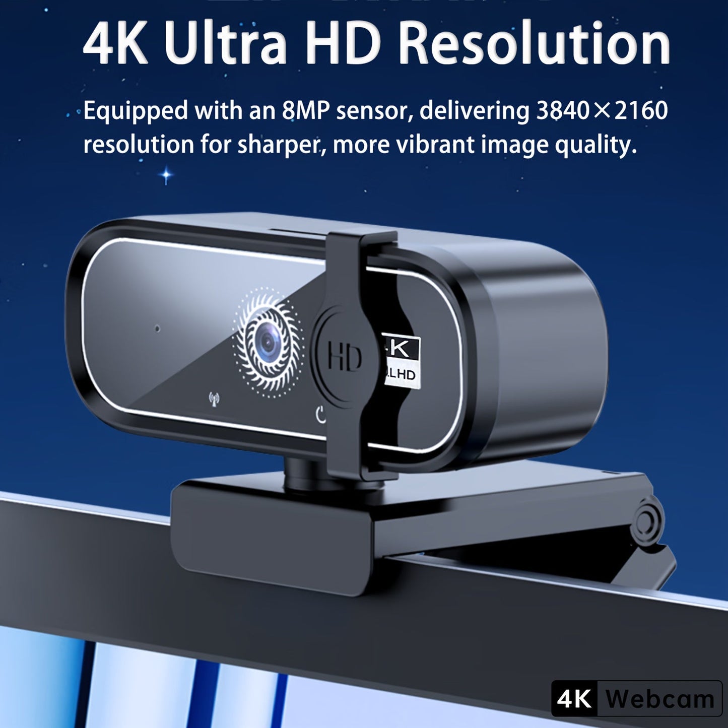 4K Ultra HD webcam on a stand with text about resolution and sensor details.