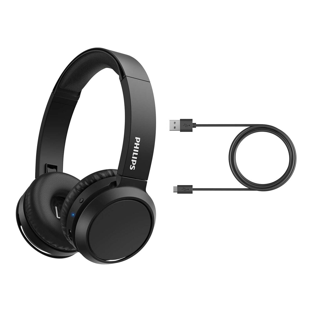 Black Philips headphones with USB cable on a white background
