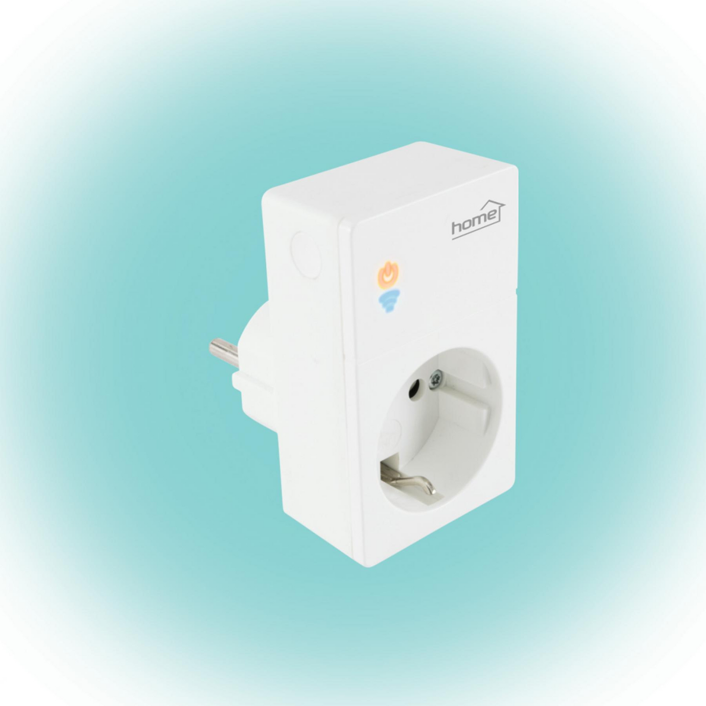 White smart plug with 'homee' branding on a gradient blue background