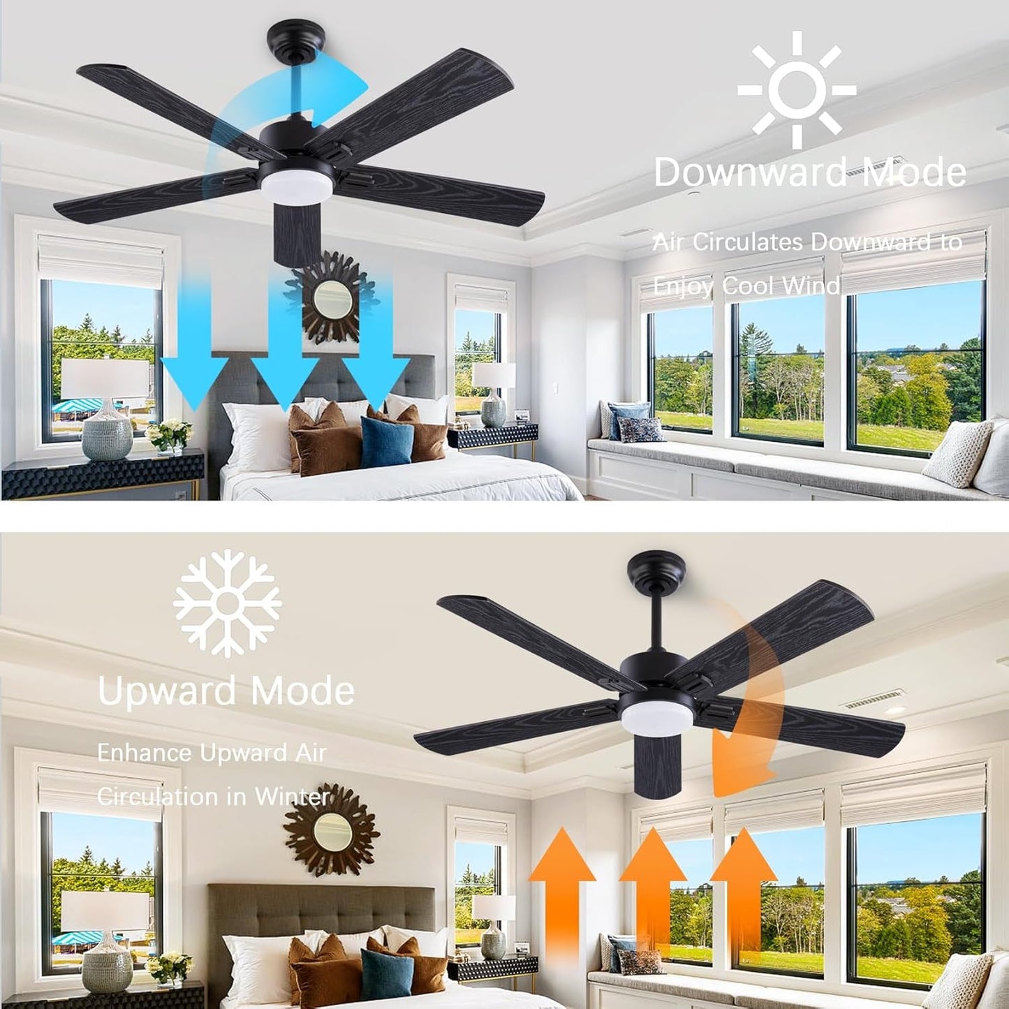 Ceiling fan in a bedroom with mode indicators for downward and upward airflow.