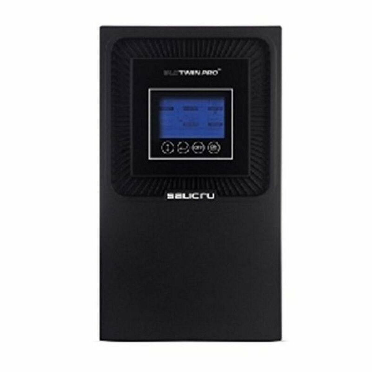Black electronic device with a digital display on a white background