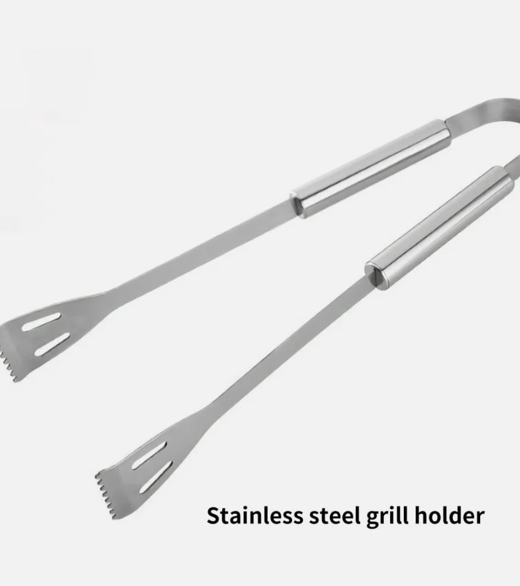 Stainless steel grill holder on a white background