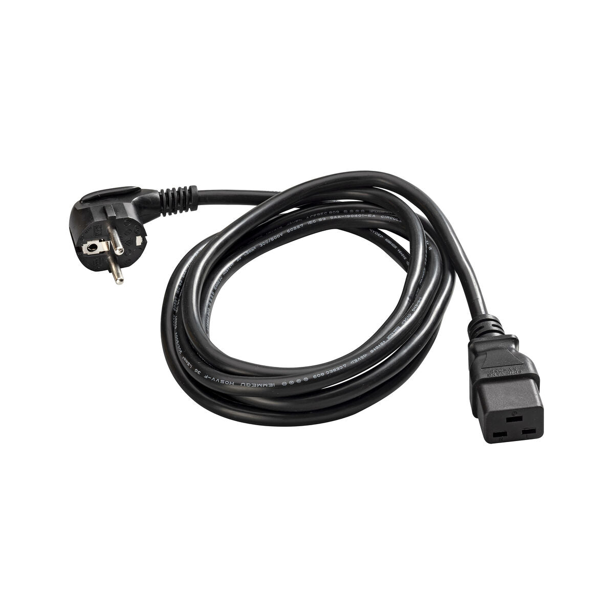 Black power cord with plug and socket on a white background