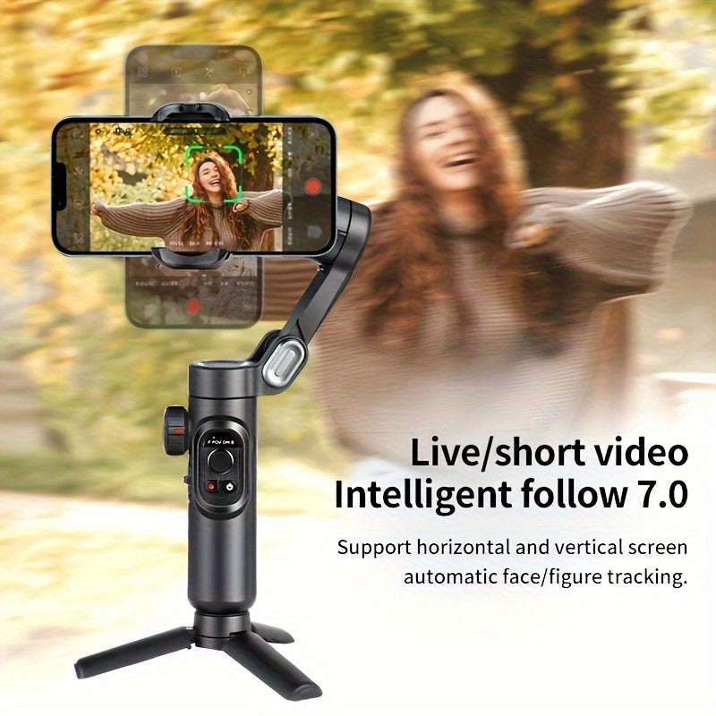 Smartphone holder with screen displaying a person, used for live or short video recording, with text indicating features.