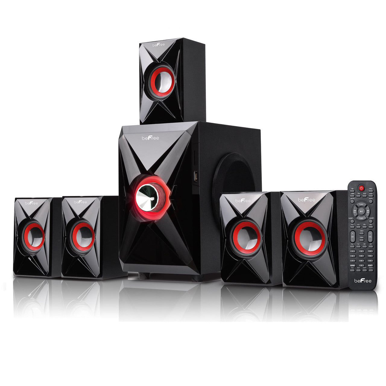 Black home theater speaker system with red accents on a white background