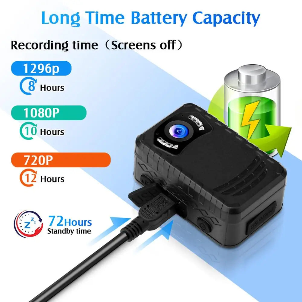 Black electronic device with USB cable, battery graphic, and recording time information on a blue background
