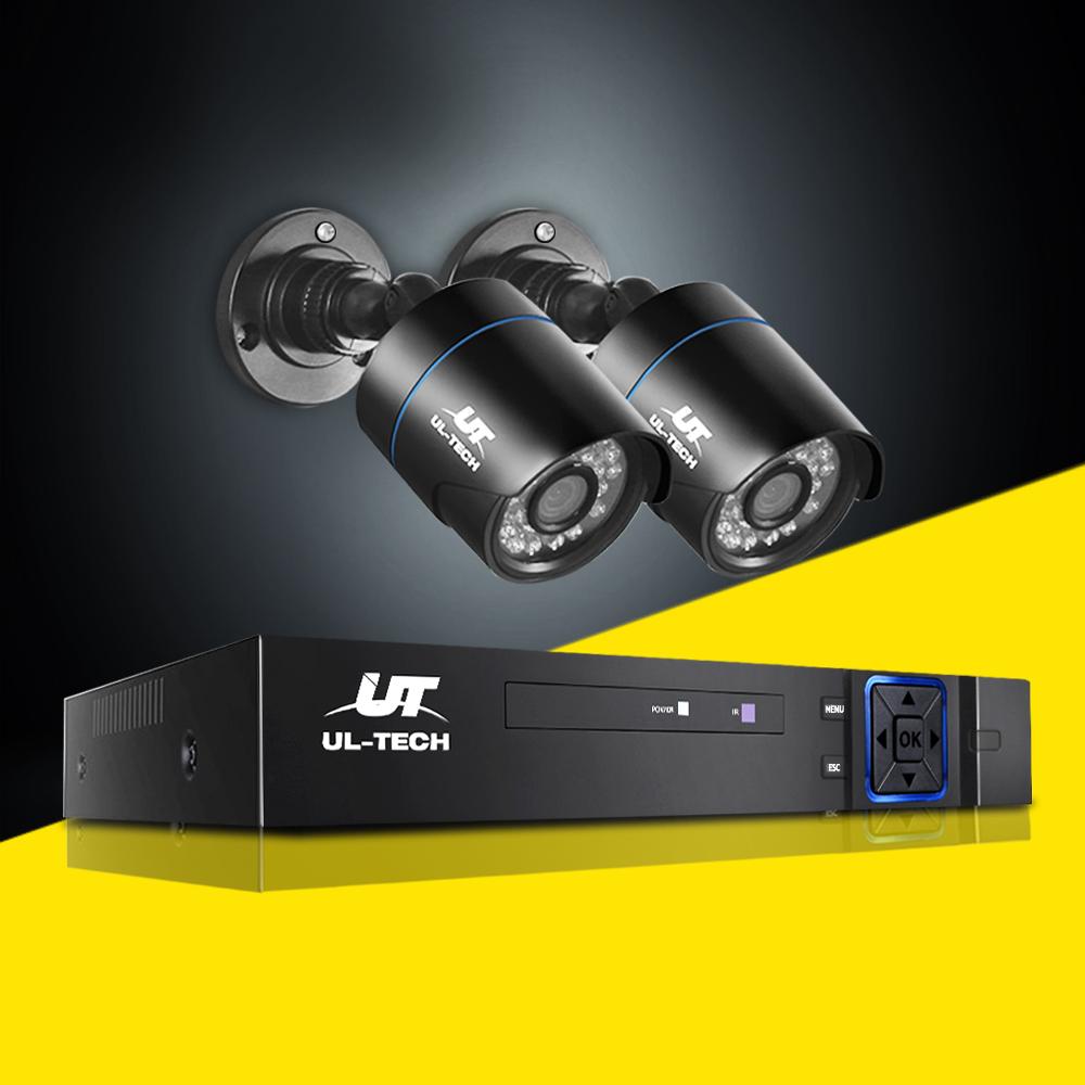 Two security cameras and a DVR system on a yellow and black background with UL-Tech branding.