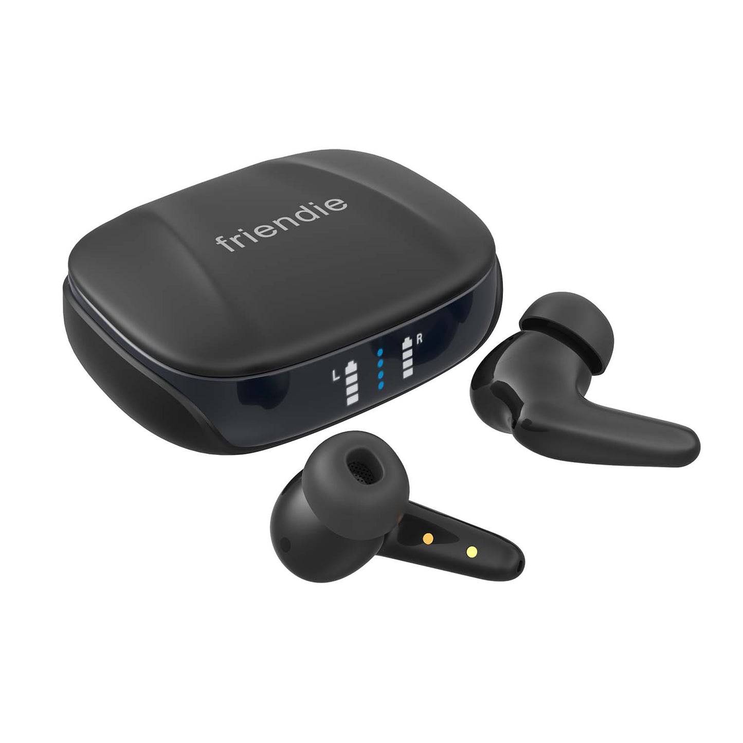 Black wireless earbuds with charging case on a white background, featuring the brand 'friendly'.