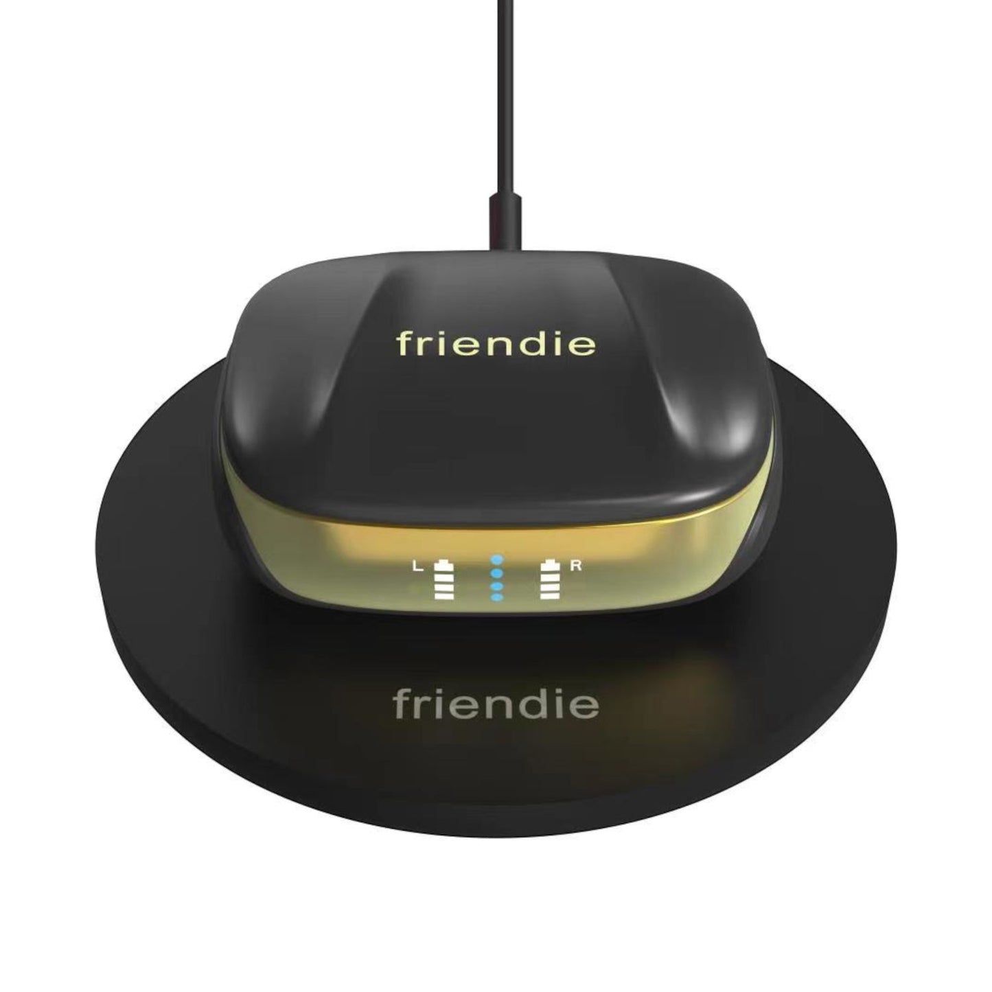 Black electronic device with 'friendie' branding on a white background