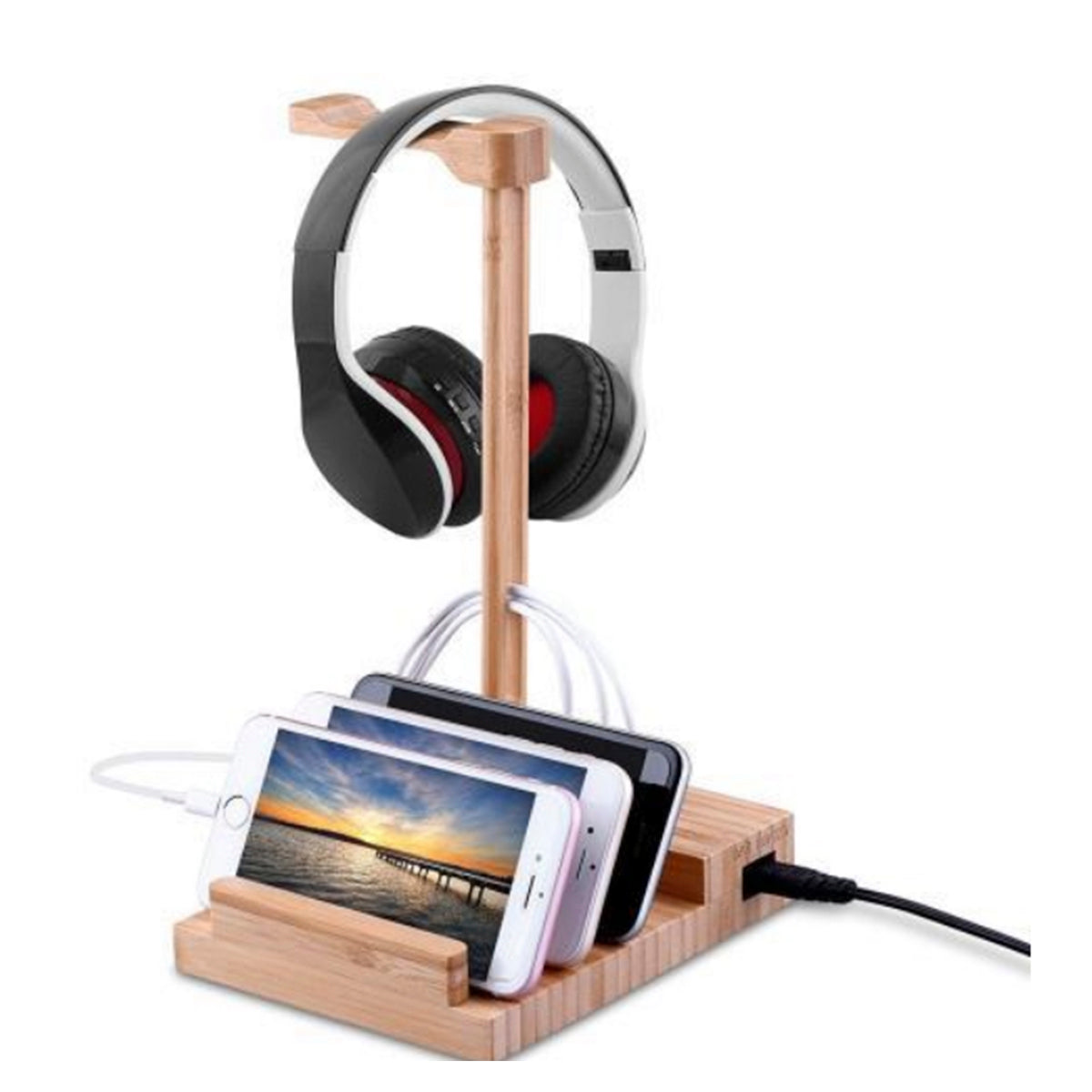 Wooden charging station with smartphone, tablet, and headphones on a white background