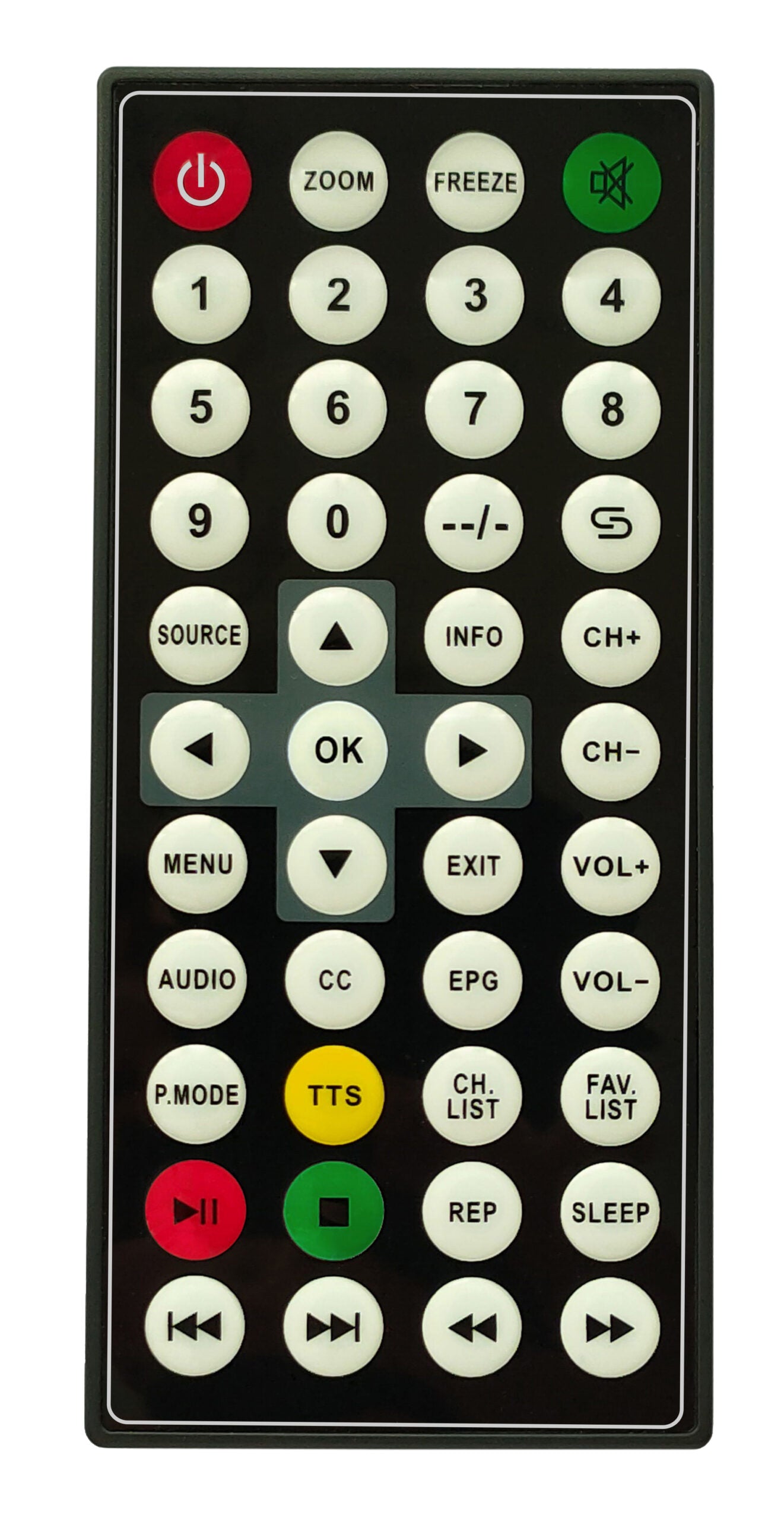 Remote control with various buttons on a white background