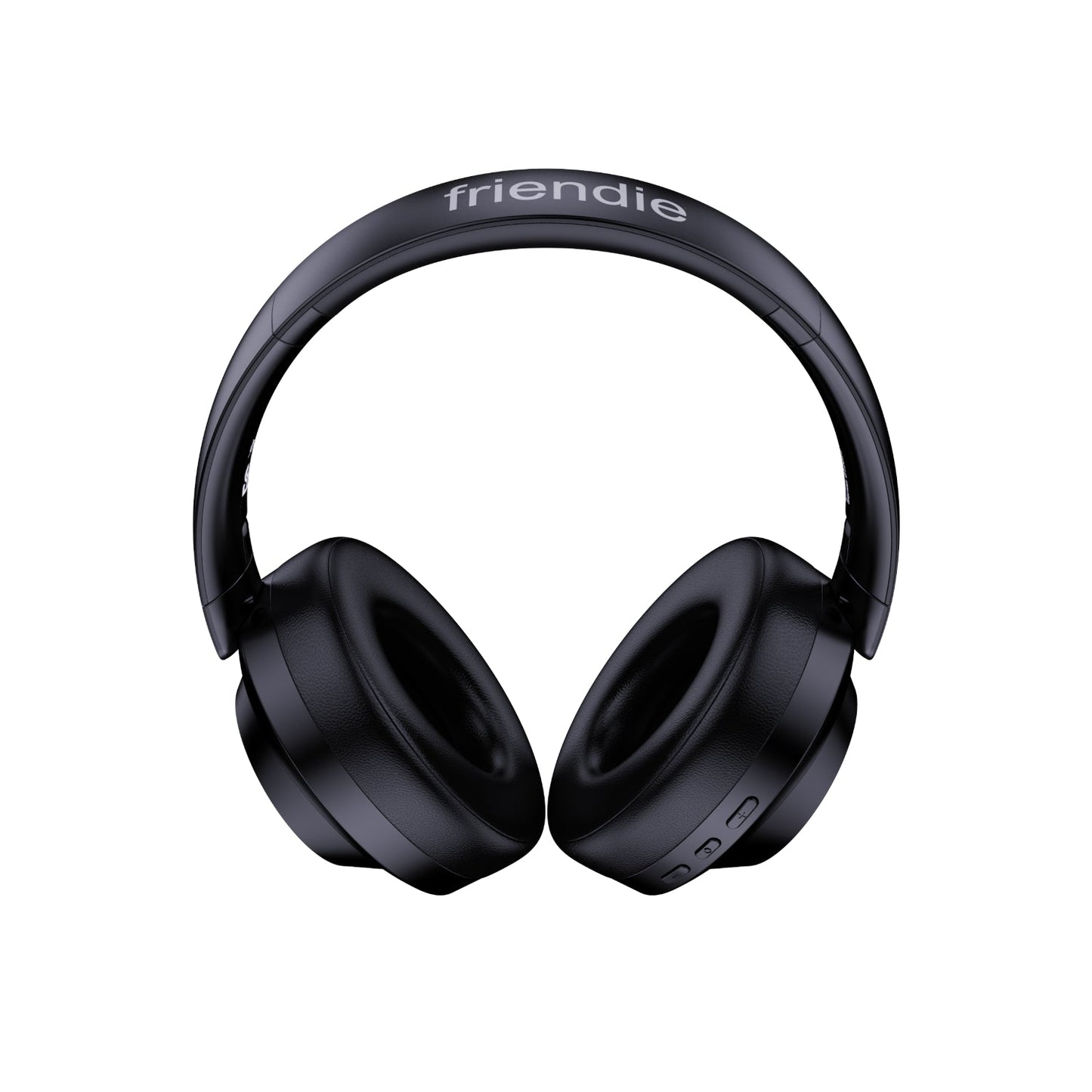 Black headphones with 'friendie' branding on a white background