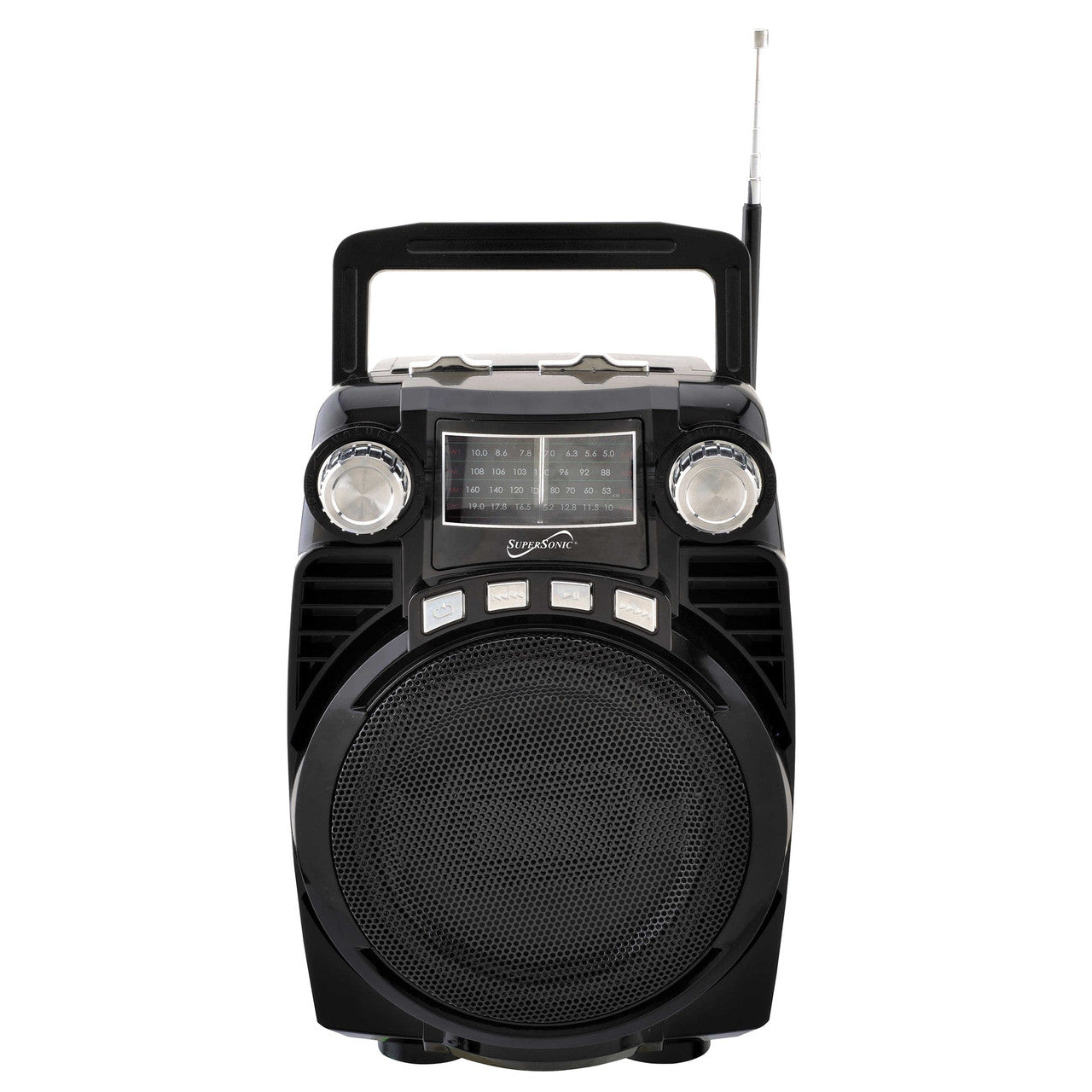 Black portable radio with speaker on a white background