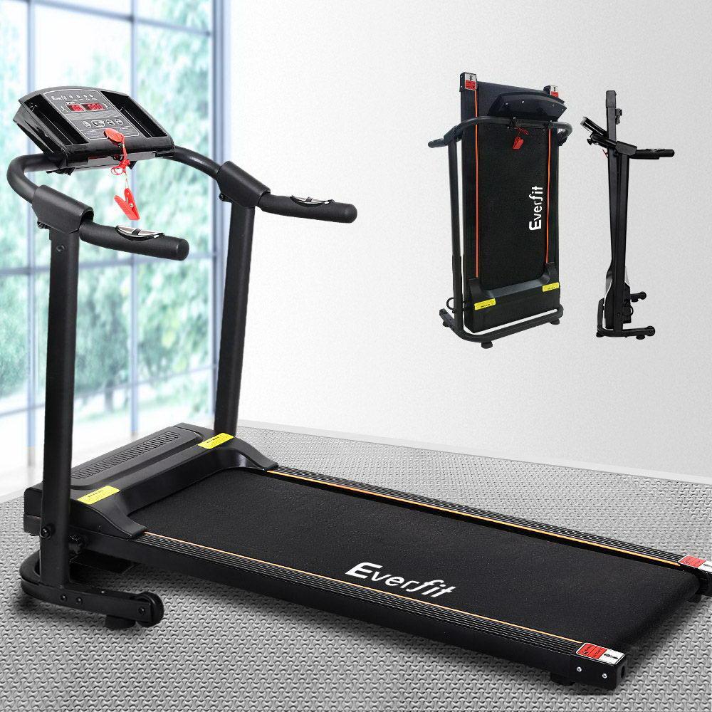 Foldable treadmill with Everfit branding on a gray floor.