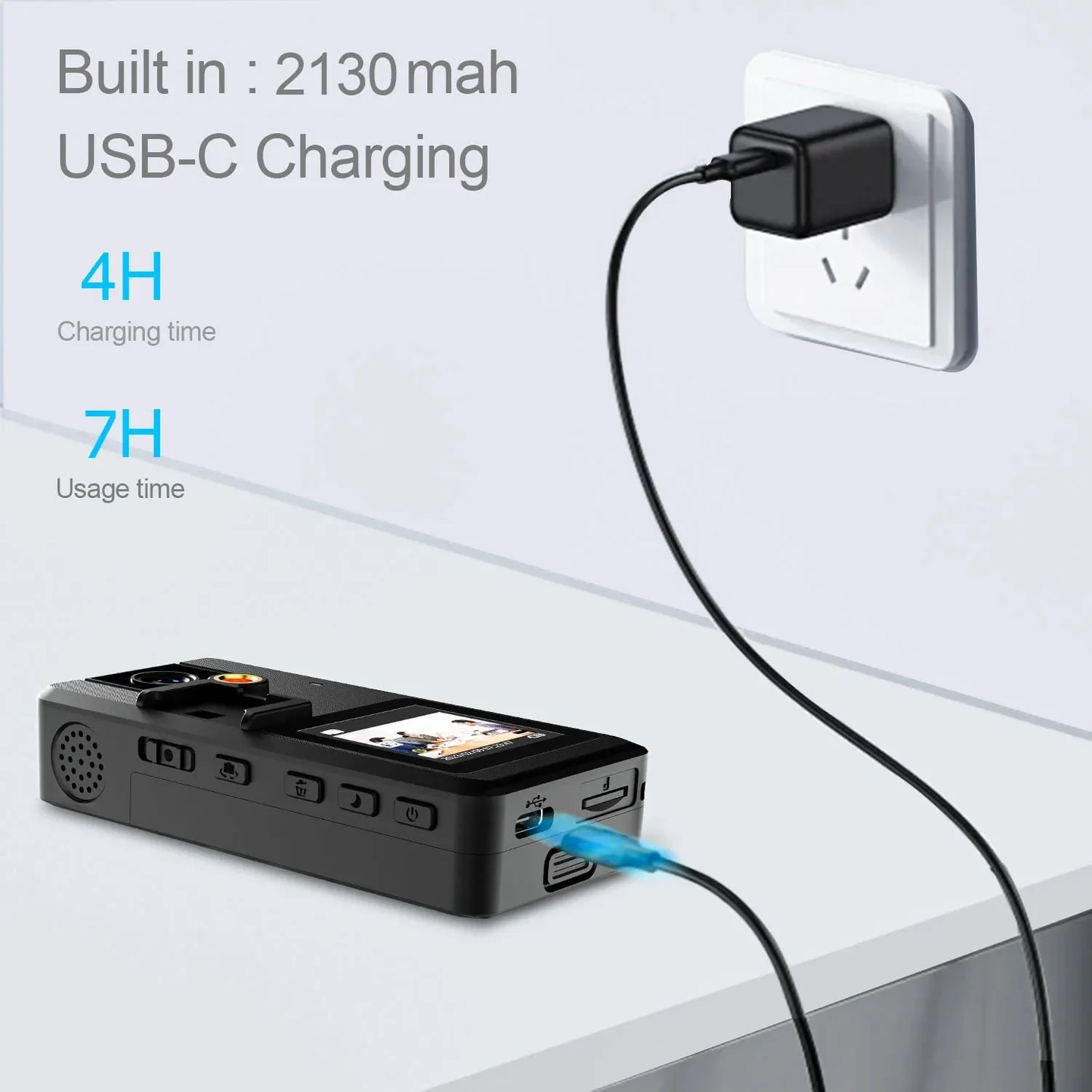 Power bank with USB-C charging cable plugged into a wall socket, showing charging time and usage time.
