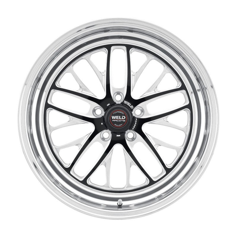 A multi-spoke alloy wheel rim with a polished chrome finish and black accents, featuring a central hub cap with the WELD brand logo.