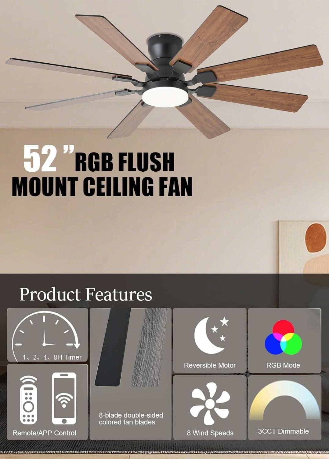 Ceiling fan with RGB lighting features on a beige wall.