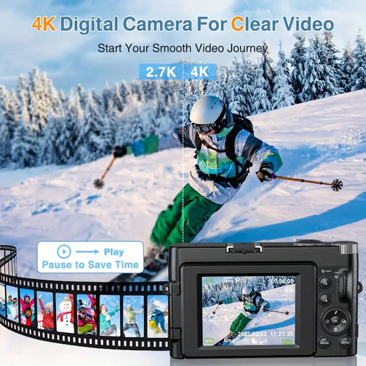 Digital camera being used to record a skier in a snowy landscape with promotional text about 4K video quality.