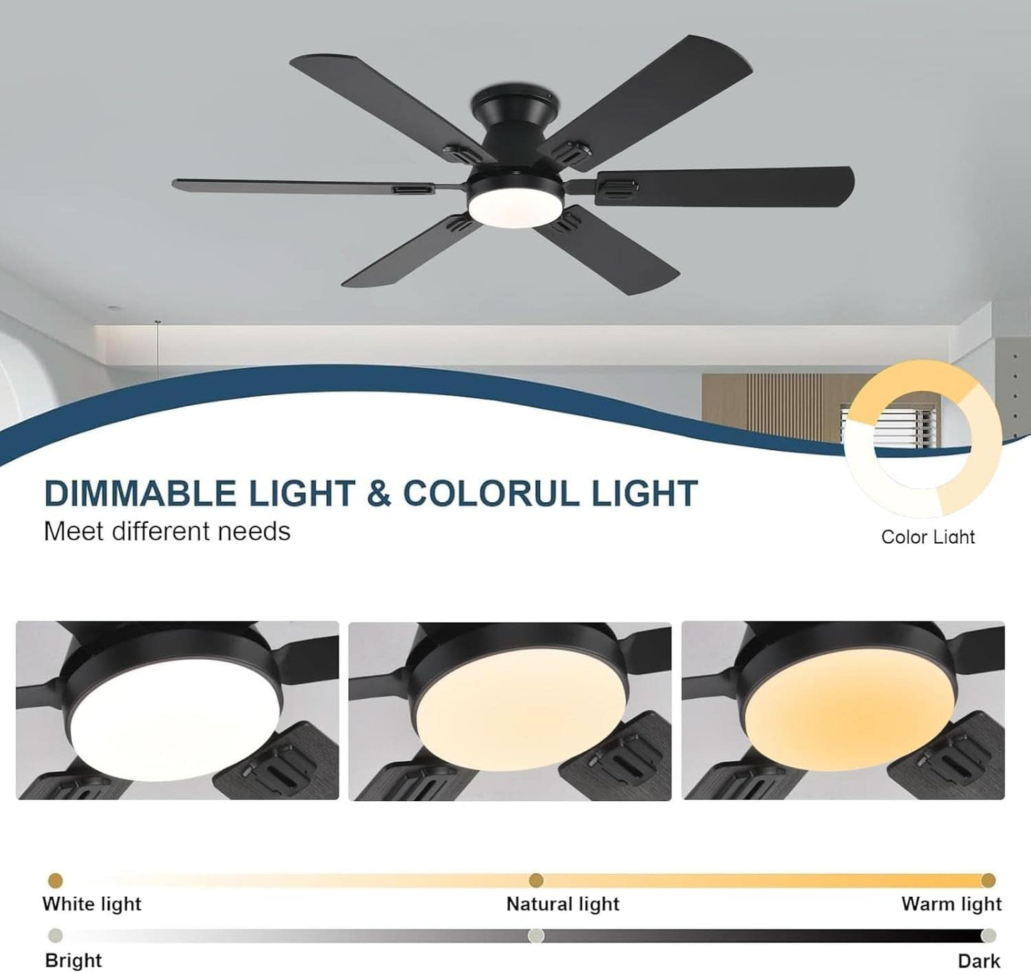 56Inch Jet Black Ultra Quiet Flush Mount Ceiling Fan