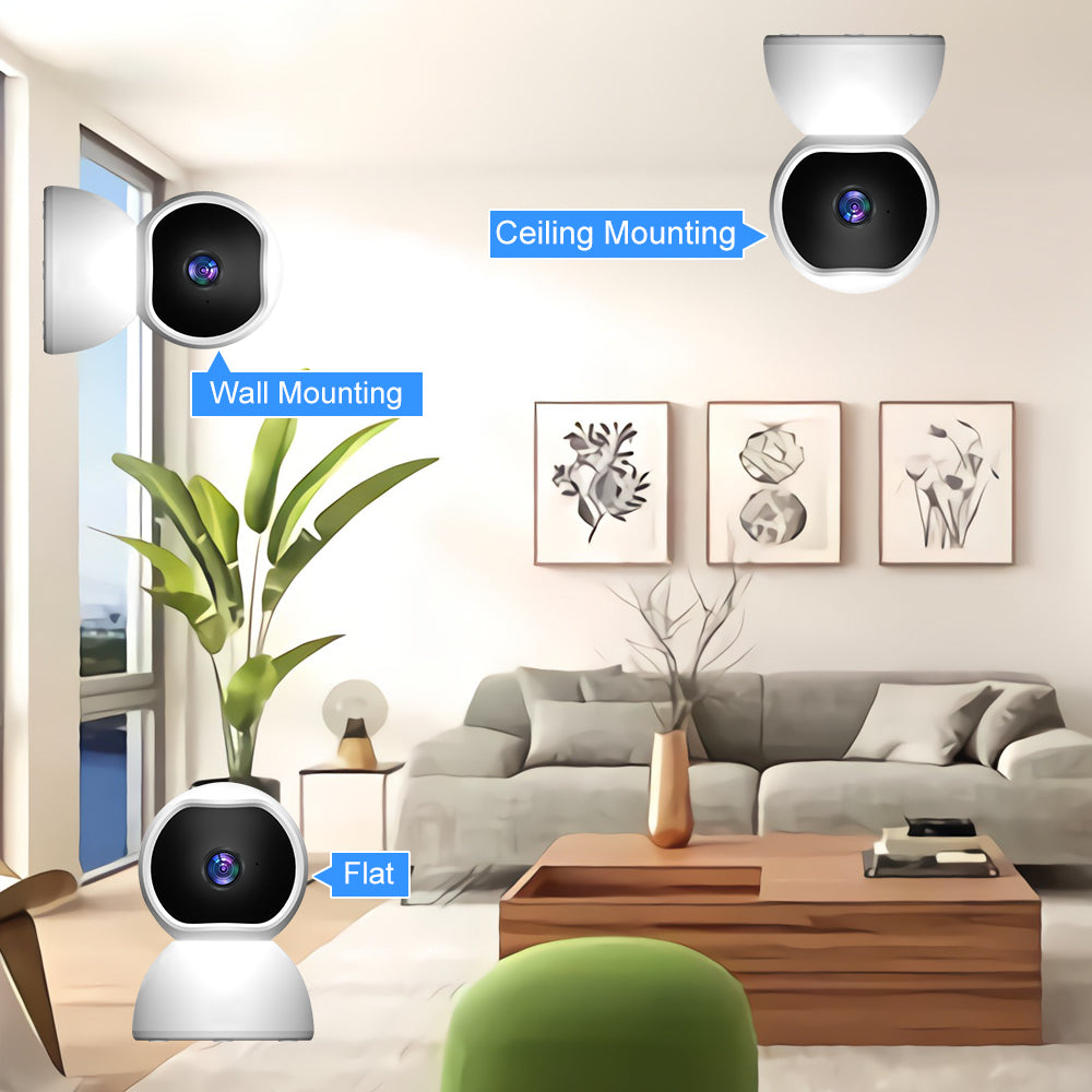 Smart home security cameras shown in different mounting positions in a living room.