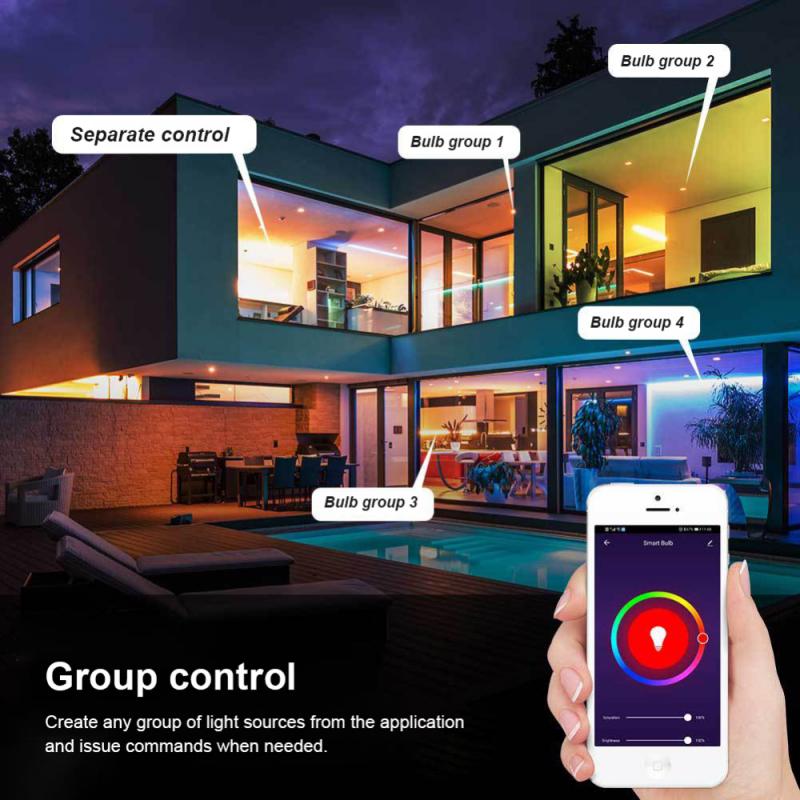 Smart home control system with smartphone app and house exterior at night.