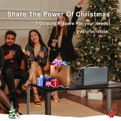 People celebrating Christmas with a portable power station on a table.