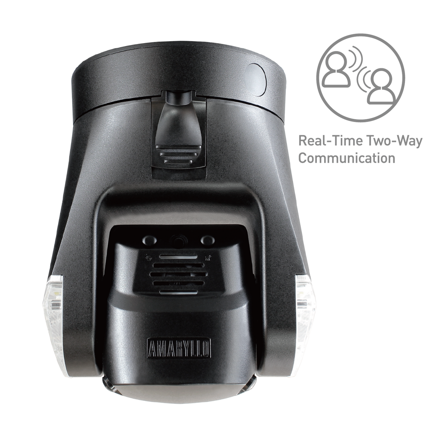 Black security camera with 'Real-Time Two-Way Communication' text and icon on a white background