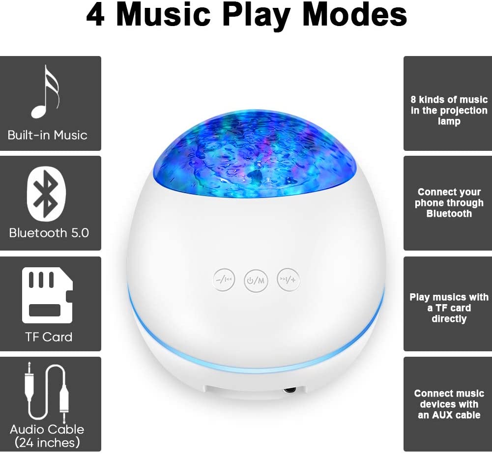 White music player with colorful light display and text about music play modes on a white background