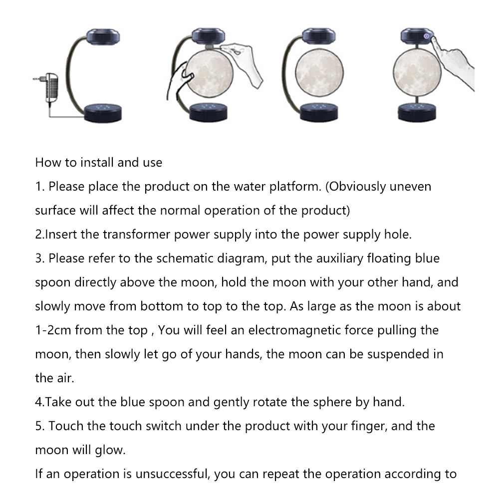 Instructions for installing and using a moon lamp with text and diagrams.