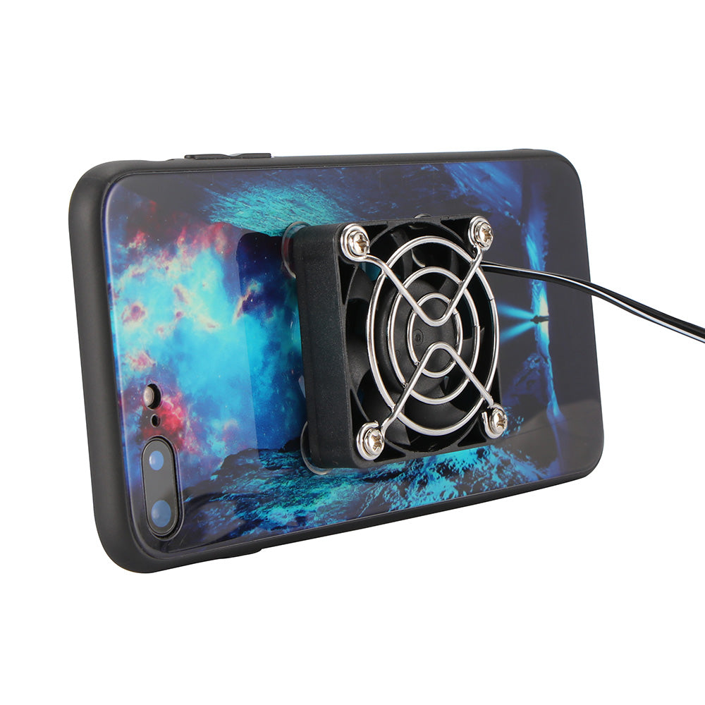 Phone case with a fan attached, featuring a colorful space-themed design on a white background. Best electronics online store near me. Axis-Dynamics