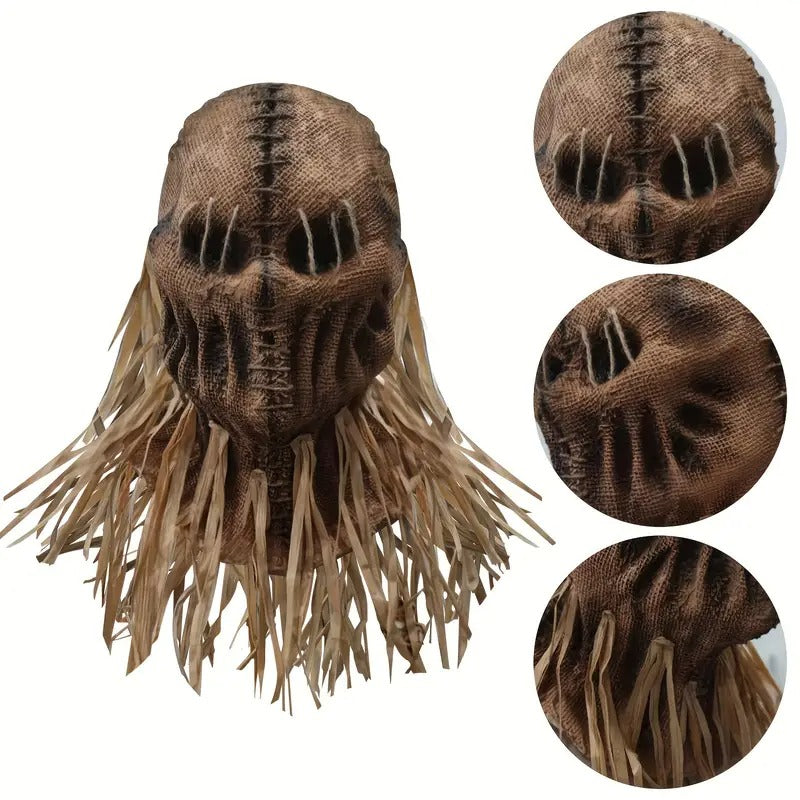 Scary mask with detailed textures and hair on a white background