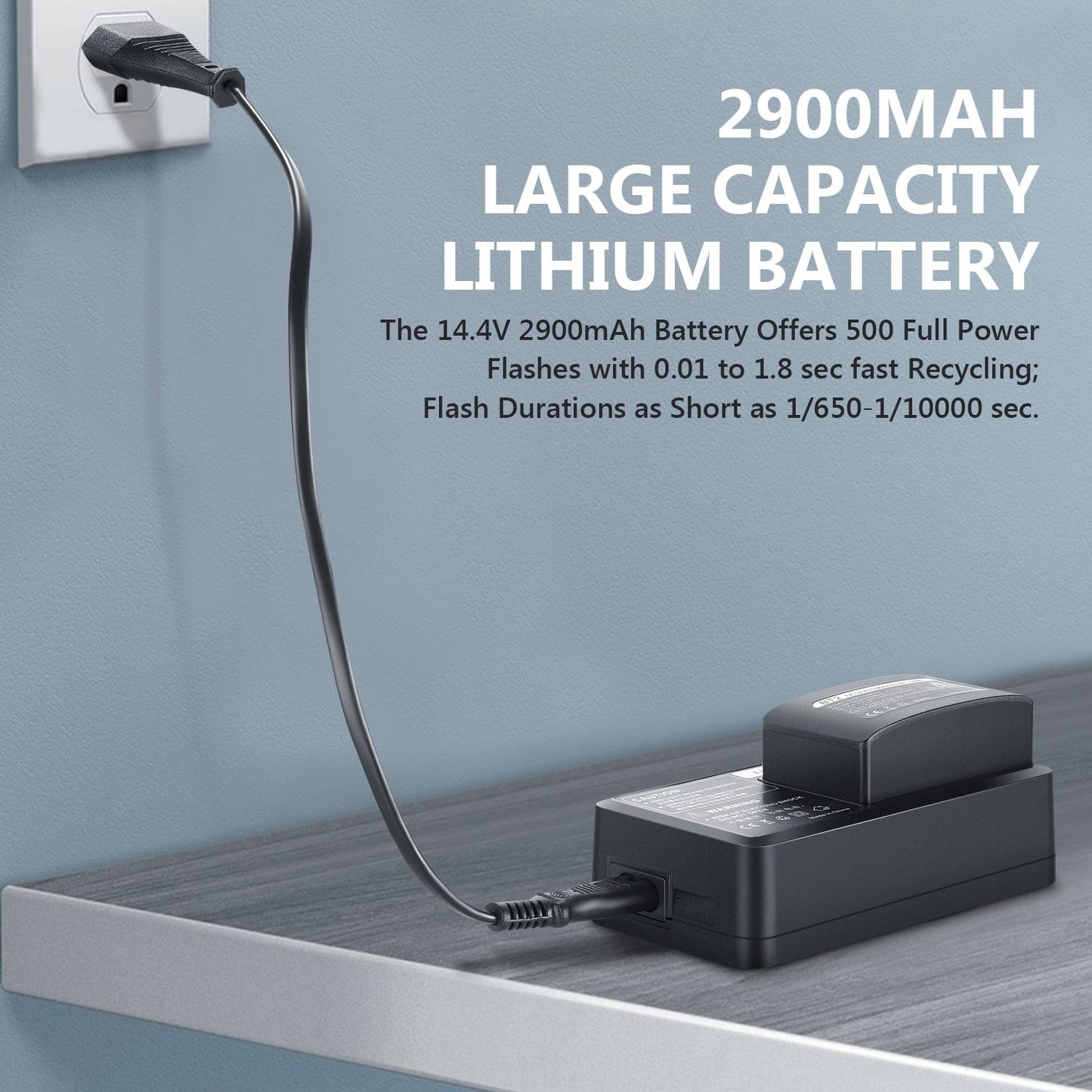 Black lithium battery being charged with text about its capacity and features.