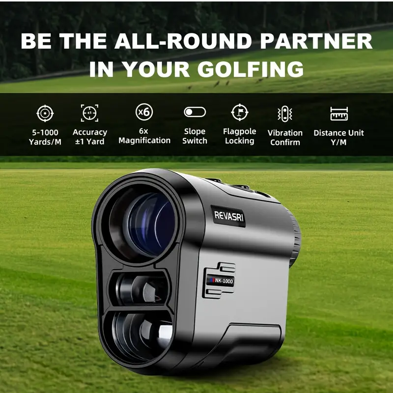 Golf rangefinder with REVASRI branding on a golf course background