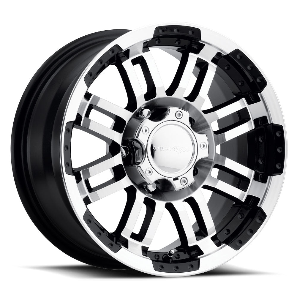 Chrome and black alloy wheel on a white background. Best automotive parts and accessory online shop. Axis-Dynamics.