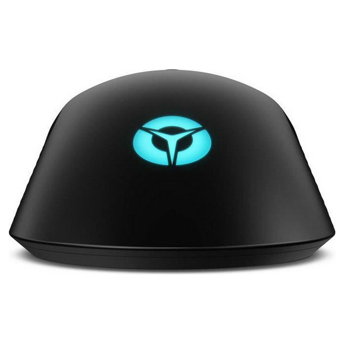 Black mouse with a glowing blue logo on a white background. Best computer parts and accessories online shop Axis-Dynamics 