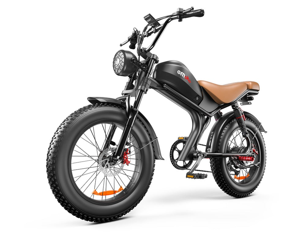 Black electric bike with brown seat on a white background