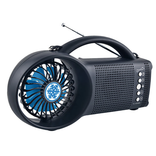 Portable fan with blue blades on a white background