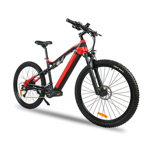 Black and red electric bicycle on a white background