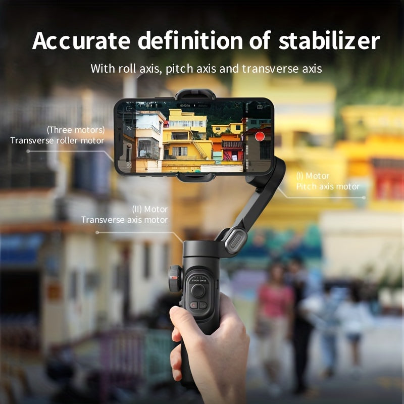 Handheld smartphone stabilizer with labeled axes against a blurred street background
