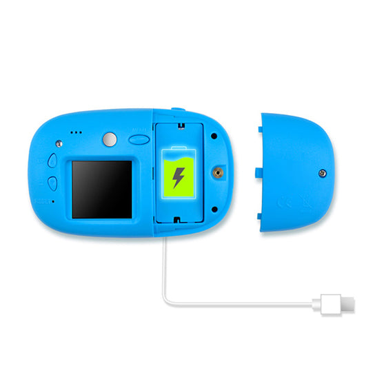 Blue electronic device with a screen and charging cable on a white background
