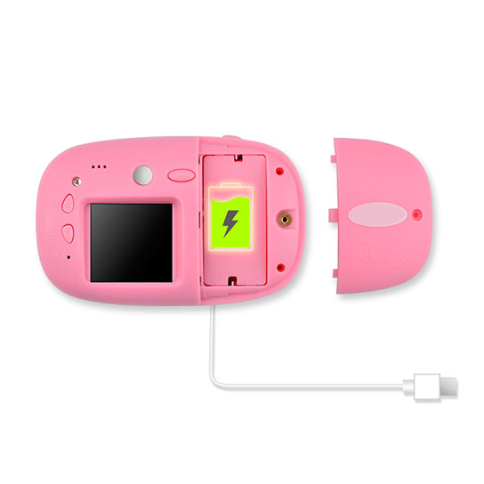 Pink children's camera with screen and charging cable on a white background