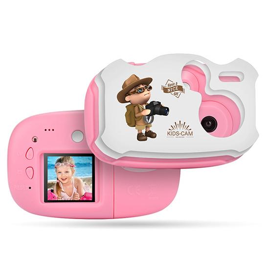Pink toy camera with a character illustration on a white background
