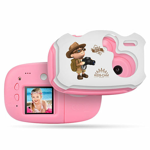 Pink toy camera with a character illustration on a white background