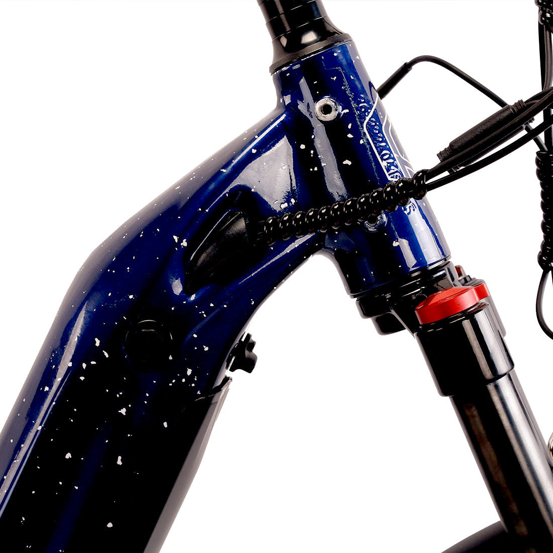 Close-up of a blue bicycle frame with visible branding on a white background