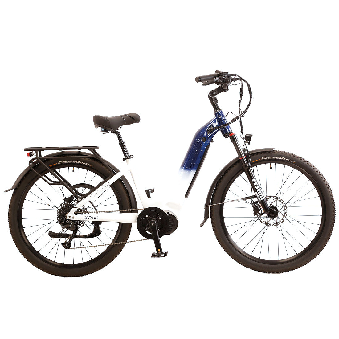 White electric bicycle with black tires on a white background