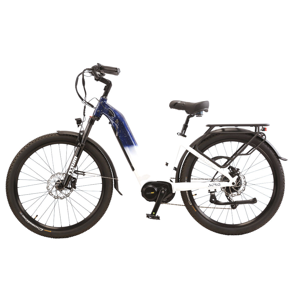 Electric bicycle with blue frame and black components on a white background
